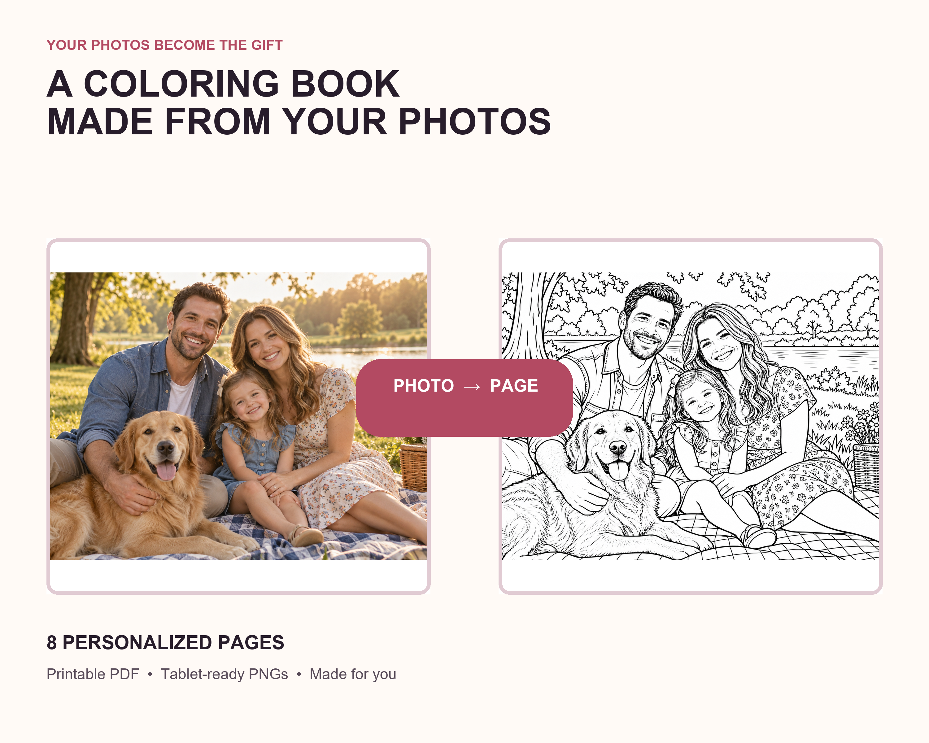A family photo transformed into a custom coloring page